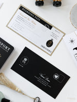 Cartera de viaje FOLDER blanca y negra: Suite de invitación para pasaporte de boda de lujo en bolsillo y etiqueta de espejo dorado