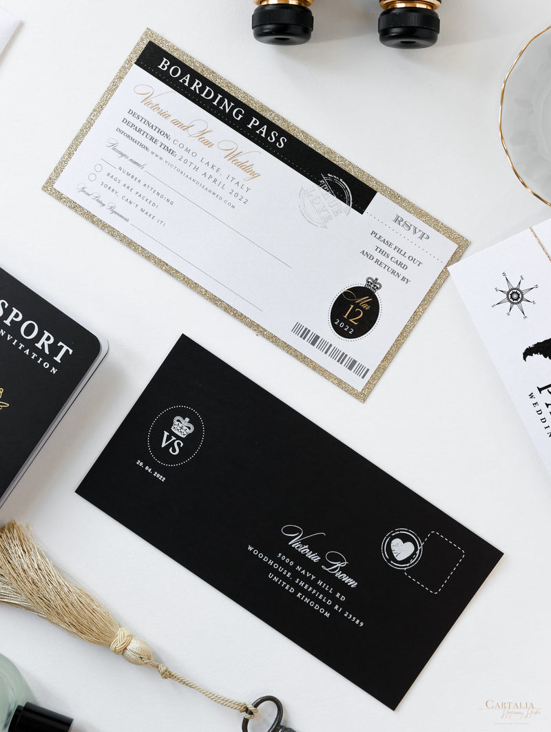 Cartera de viaje FOLDER blanca y negra: Suite de invitación para pasaporte de boda de lujo en bolsillo y etiqueta de espejo dorado