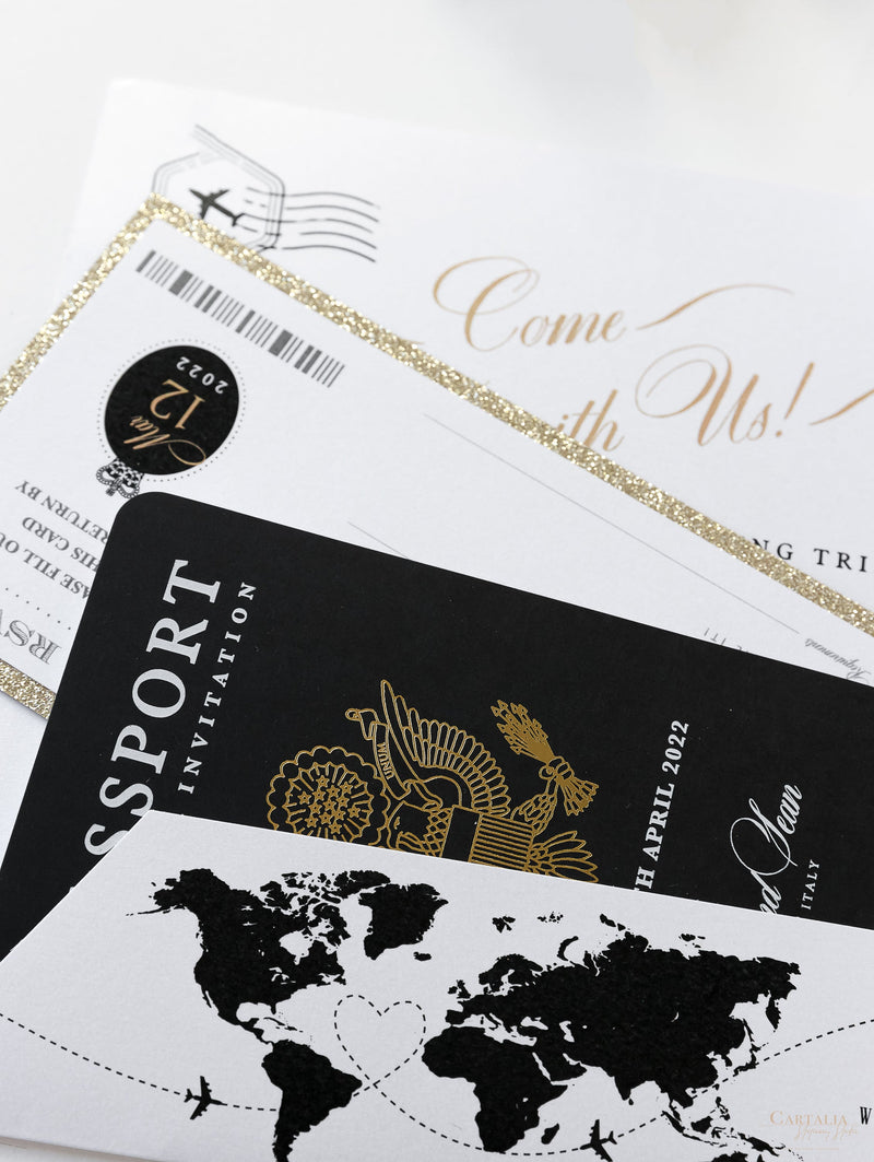 Cartera de viaje FOLDER blanca y negra: Suite de invitación para pasaporte de boda de lujo en bolsillo y etiqueta de espejo dorado