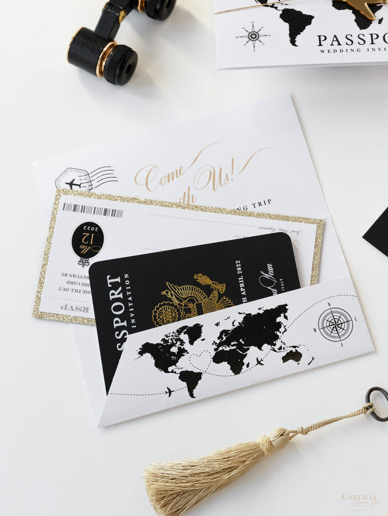 Cartera de viaje FOLDER blanca y negra: Suite de invitación para pasaporte de boda de lujo en bolsillo y etiqueta de espejo dorado