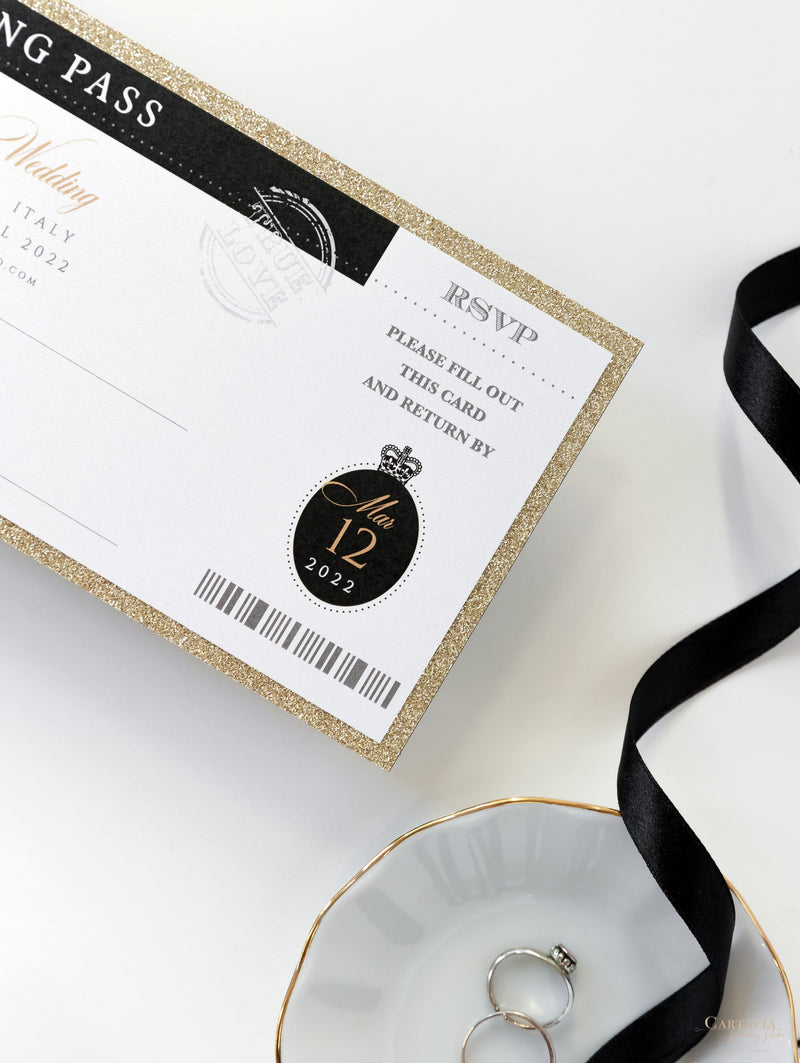 Cartera de viaje FOLDER blanca y negra: Suite de invitación para pasaporte de boda de lujo en bolsillo y etiqueta de espejo dorado