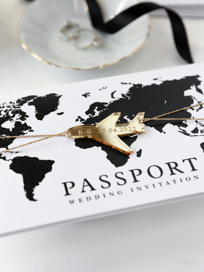 Cartera de viaje FOLDER blanca y negra: Suite de invitación para pasaporte de boda de lujo en bolsillo y etiqueta de espejo dorado