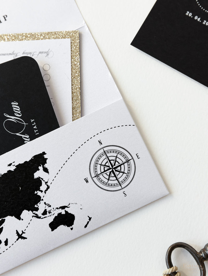 Cartera de viaje FOLDER blanca y negra: Suite de invitación para pasaporte de boda de lujo en bolsillo y etiqueta de espejo dorado
