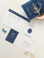 USA / American & UK Passport Navy Wedding Invitation with Silver Mirror Plexi Plane