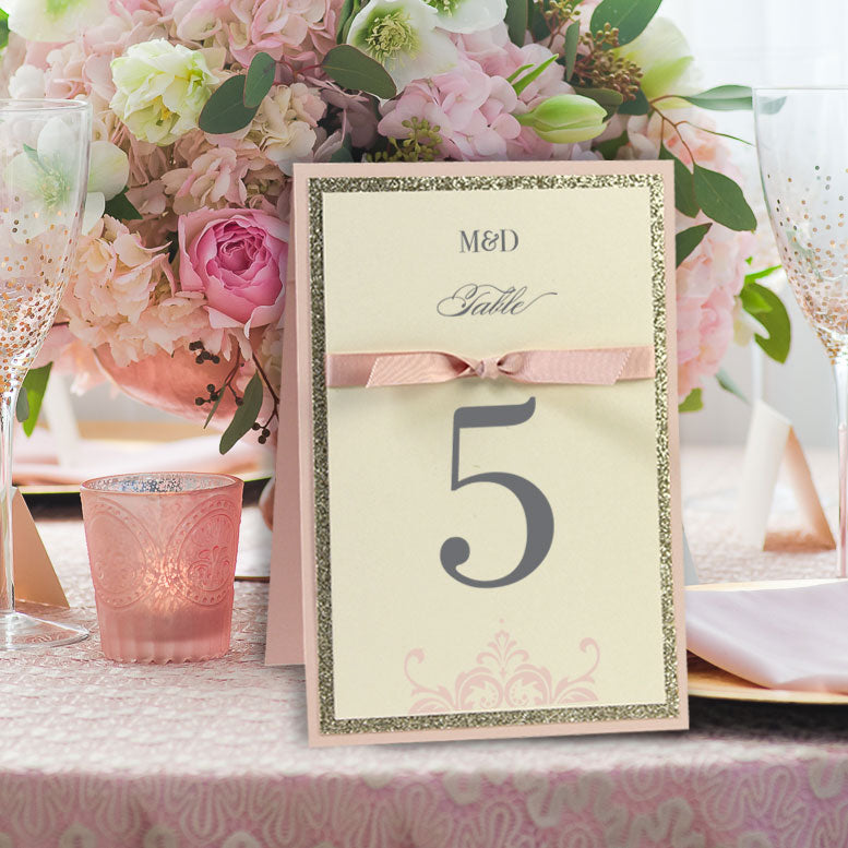 Table Number for Rose Gold Opulence Luxury Laser Cut with Gold Glitter and Ribbed Ribbon