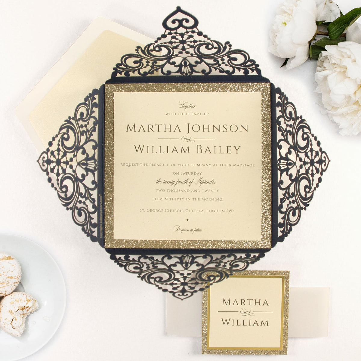 Beautiful Square Quad Fold Navy and Gold Glitter RSVP