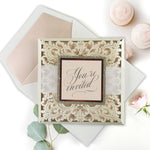 Beautiful Blush Rose Laser Cut RSVP with Glitter