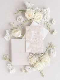 Intricate Laser Cut Roses Detail with Pearl Foil Belly Band Style Wrap Wedding Day Invitation