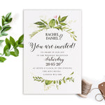 Invitación de noche con juego de boda rústico de follaje verde
