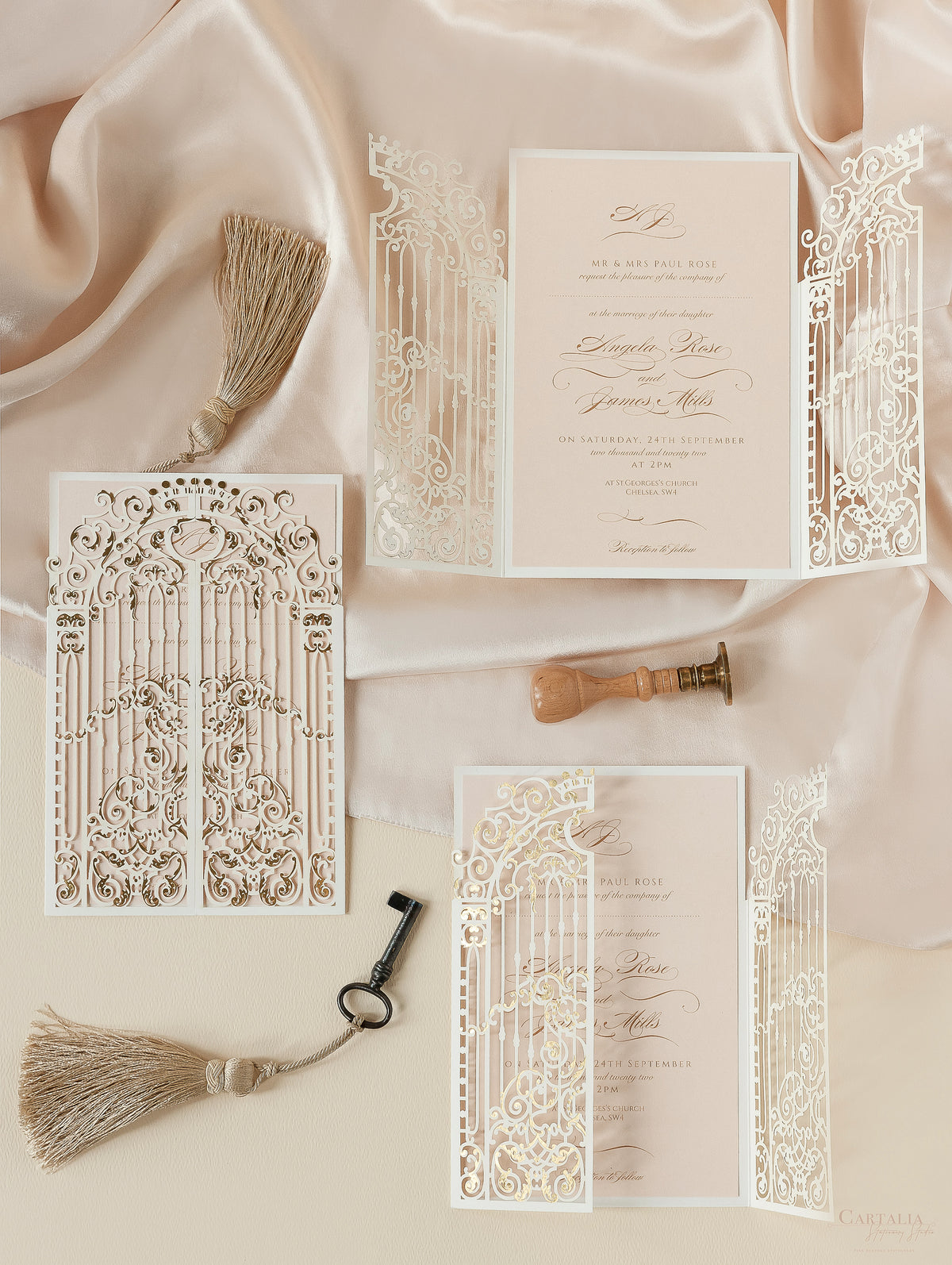 Stunning Gold Foil Ornamental Laser Cut Gate Fold Wedding Day Invitation