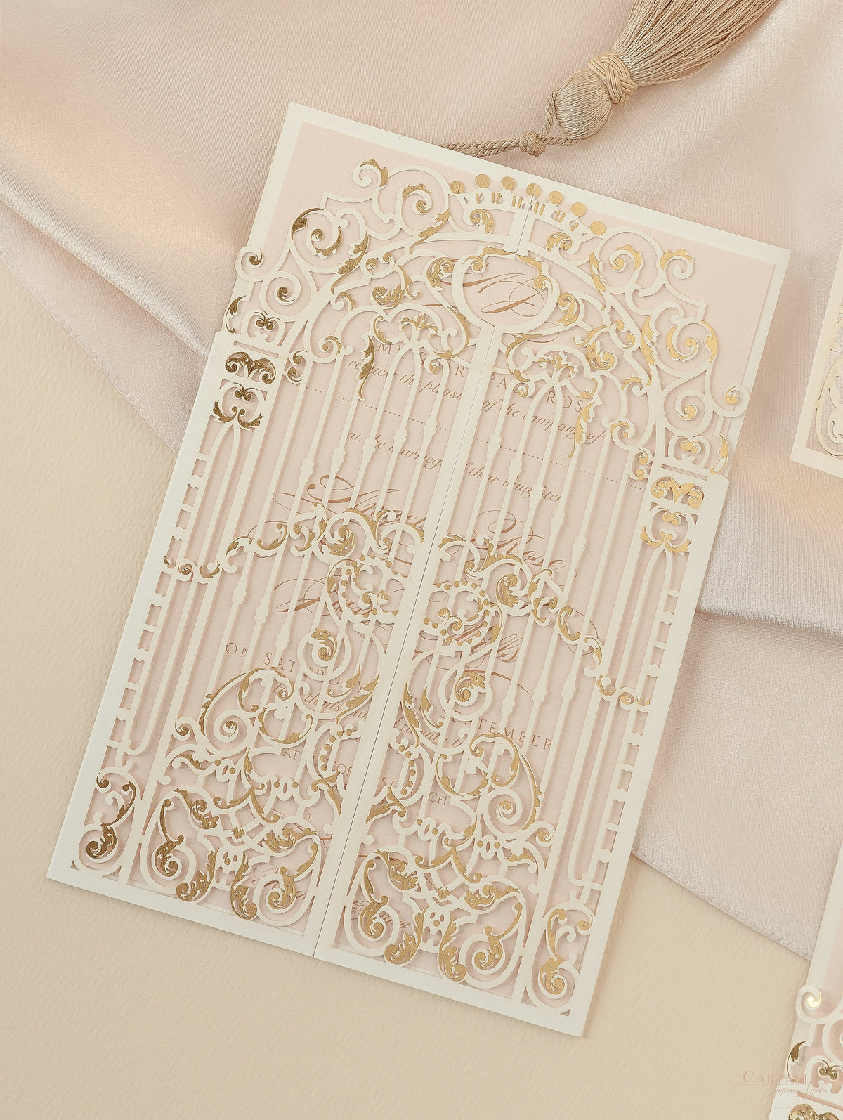 Stunning Gold Foil Ornamental Laser Cut Gate Fold Wedding Day Invitation