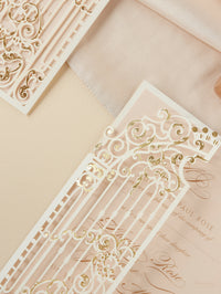 Stunning Gold Foil Ornamental Laser Cut Gate Fold Wedding Day Invitation