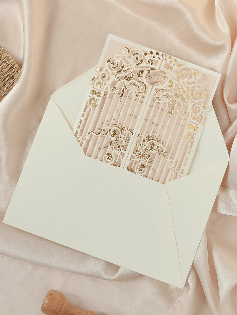 Stunning Gold Foil Ornamental Laser Cut Gate Fold Wedding Day Invitation