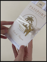 Nude & Gold Passport Wedding Invitation - Luxury Engraved Plane in Gold Plexi, Palm Tree Invitation