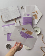 Lilac Purple Compass Passport Wedding Invitation with Real Foil Boarding Pass Invite suite with World Map Liner