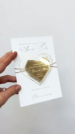 Geometric Heart Acrylic Mirror Magnet Engraved Save the Date Card with Real Foil