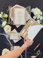 Golden Hollywood Lasercut Gate, Great Gatsby Wedding Invitation with Belly Band Monogram