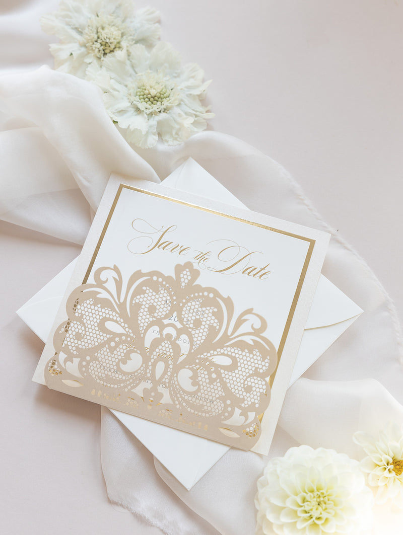 Luxury Champagne Opulence Laser Cut Square Lace Save the Date with Envelope