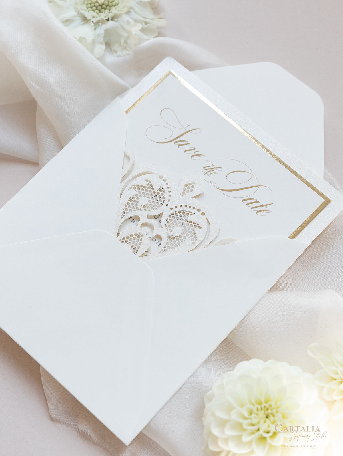 Luxury Champagne Opulence Laser Cut Square Lace Save the Date with Envelope