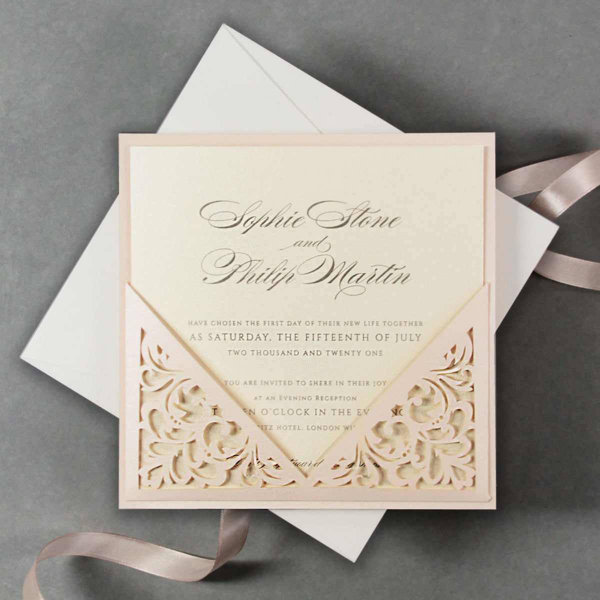 Soft Peach Laser Cut Lace Pocketfold Pull Out Style Evening Invitation + Rsvp Card