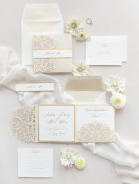 Champagne Opulence Laser Cut Lace Pocketfold Wedding Invitation Suite with 3 Tier :  Guest Info & Travel & Rsvp Card