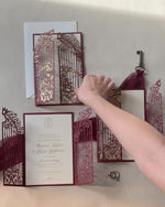 Stunning Marsala Ornamental Gate Laser Cut Wedding Day Invitation with Gold Foil