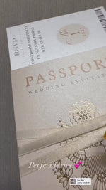 Nude & Gold Passport Wedding Invitation - Luxury Engraved Plane in Gold Plexi, Palm Tree Invitation