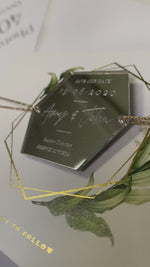 Silver Mirror Plexi in Hexagon Save the Date Magnet with card and Gold String