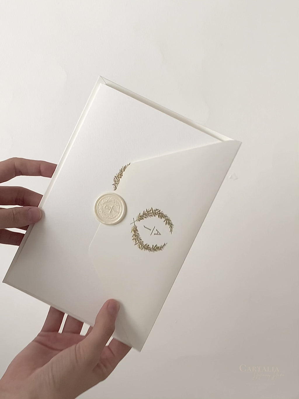 Triple Embossed Monogramed Gold Foil Pocket Wedding Invitation
