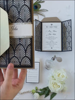 Luxury Glittering Art Deco 20s Gatsby Gate Laser Cut Gatefold Wedding Day Invitation with Gold envelopes