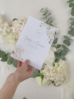 White Hydrangea Order of Service with Gold Foiled Hexagon
