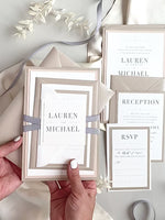 3 Tier Classic Wedding Invitation Suite With Monogram Tag & Ribbon Tie