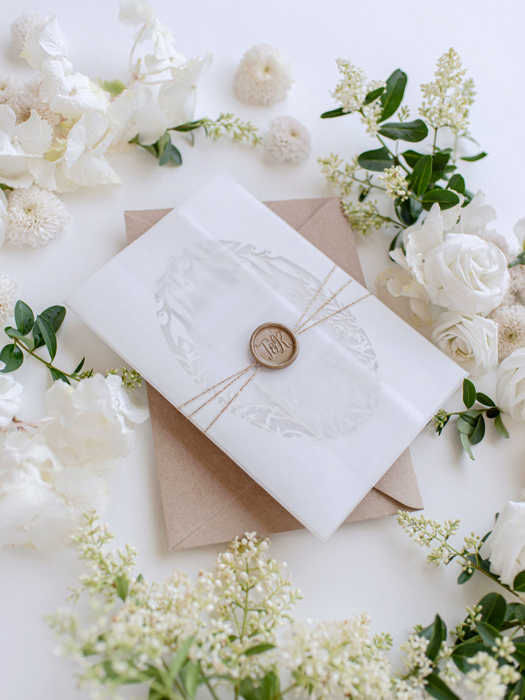 Luxury Vellum & Wax Seal Pocket fold Invitation with Gold Tie & Laser Cutting