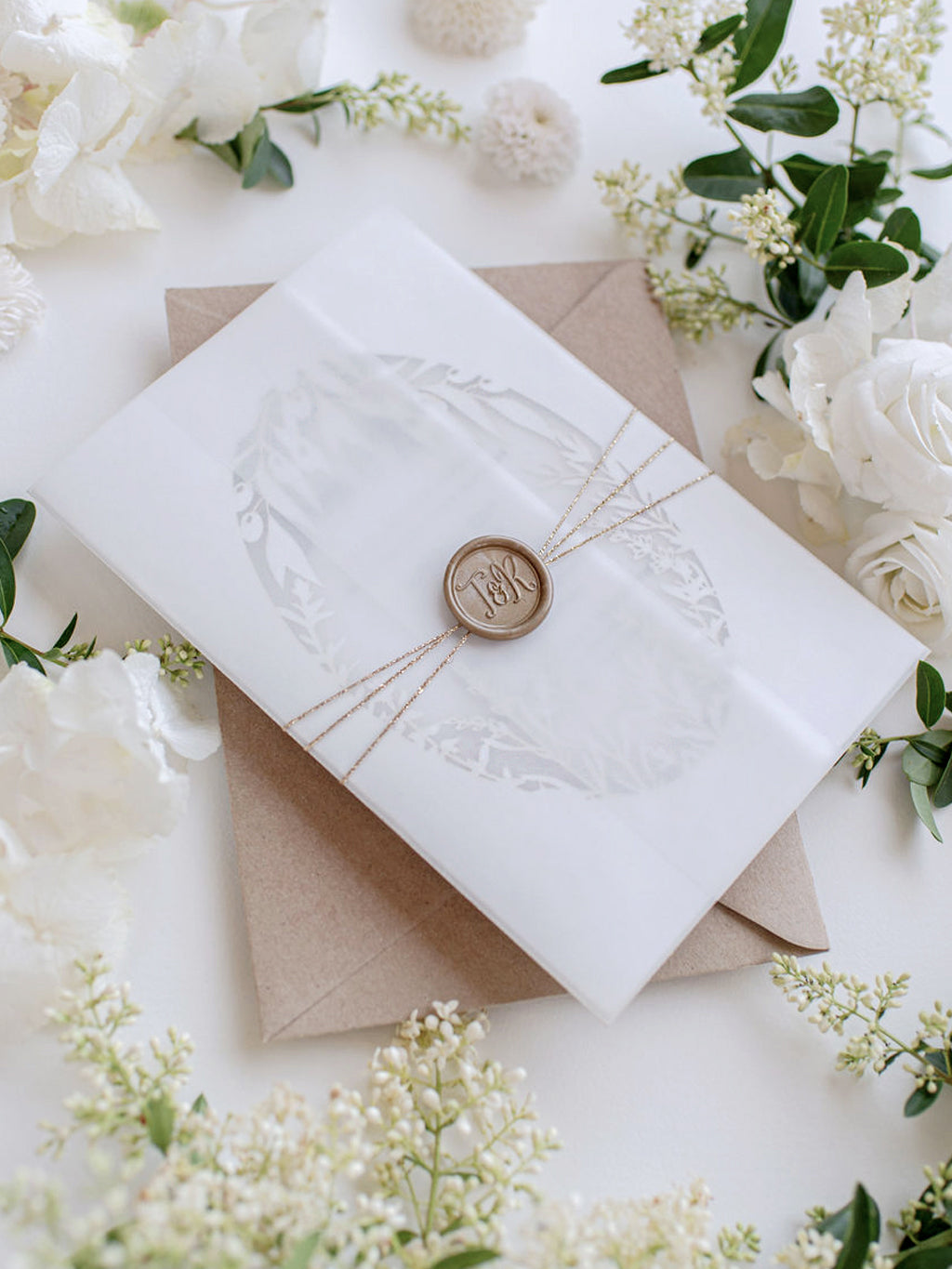 Luxury Vellum & Wax Seal Pocket fold Invitation with Gold Tie & Laser Cutting