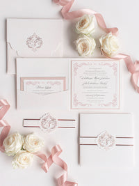 Regal Square Invitation with Rose Gold Foil Monogram & Belly Band Pocket Suite