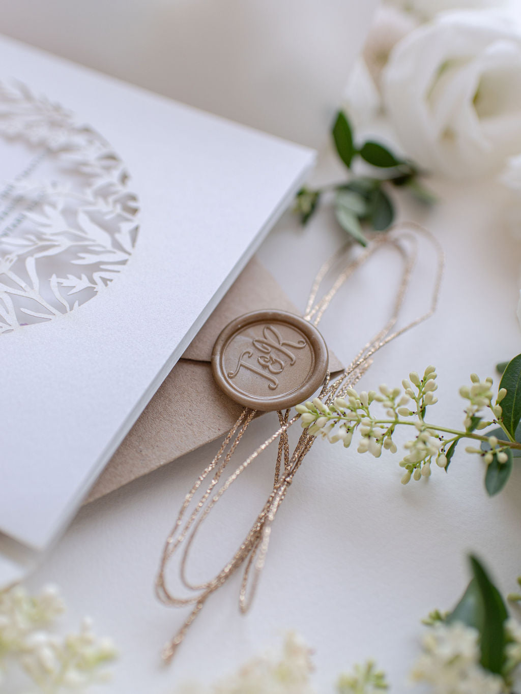 Luxury Vellum & Wax Seal Pocket fold Invitation with Gold Tie & Laser Cutting