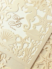 Beach Wedding Invitation |   Sea Horses Laser cut Pull out folder Invitation in Cream and Champagne Metallic Colours