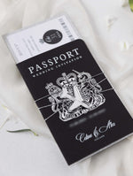 Black Luxury  Passport Wedding Invitation with Bow & Gold Glitter, Real Foil