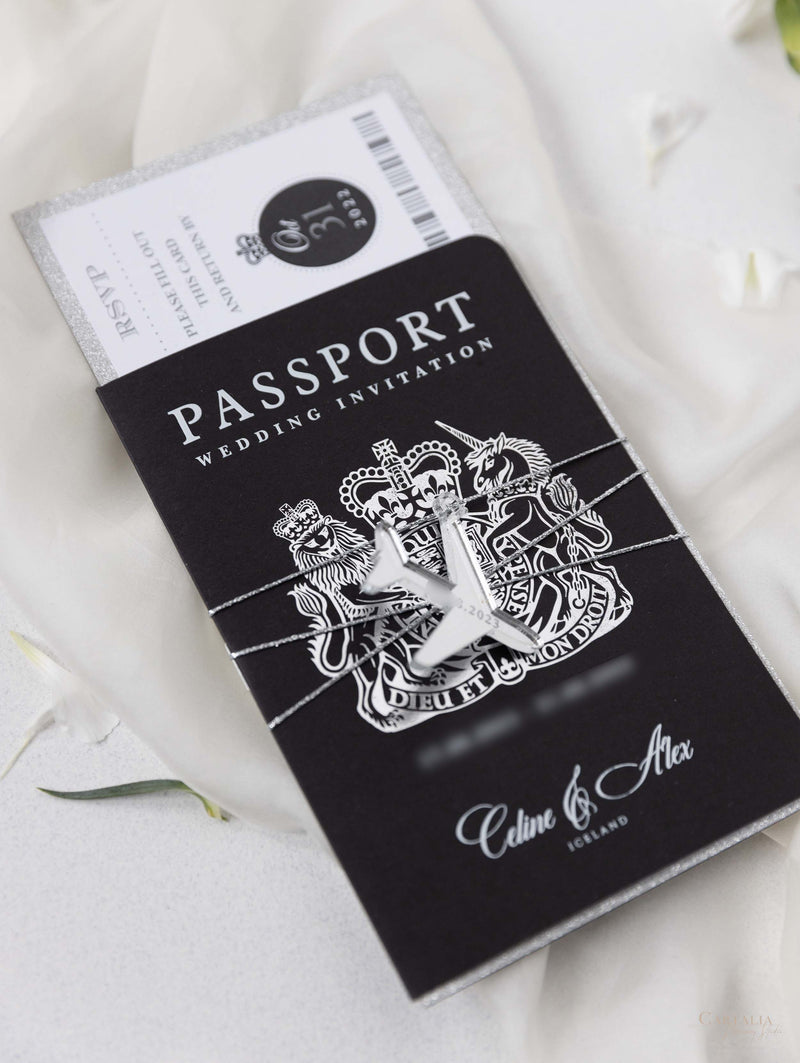 Black Luxury  Passport Wedding Invitation with Bow & Gold Glitter, Real Foil