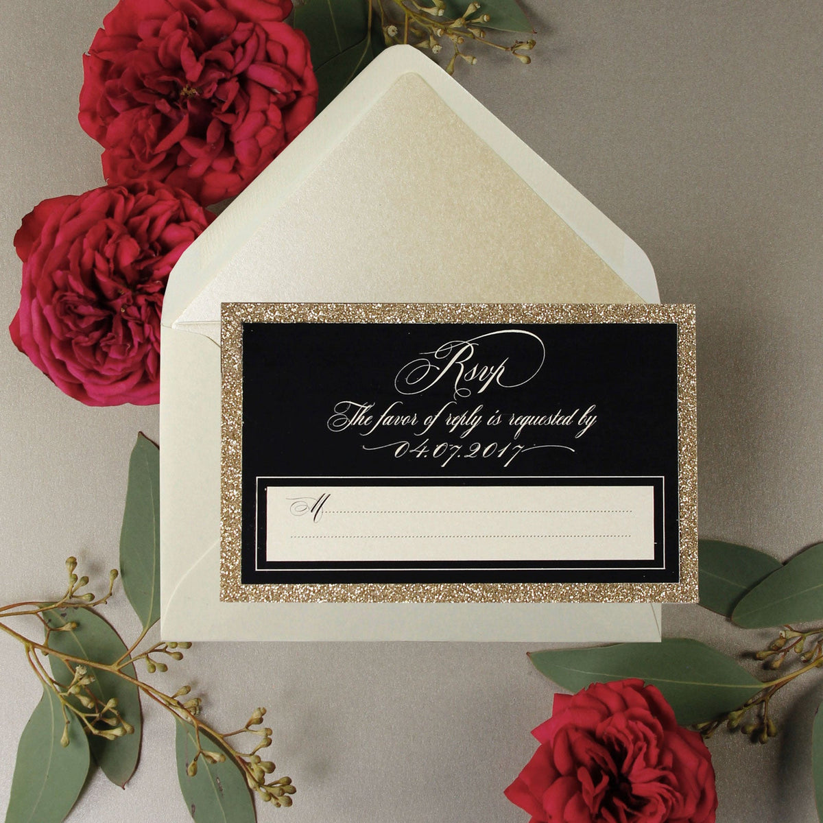 Black Opulence Elegant Laser Gatefold with Ribbon Tie design and Gold Glitter.