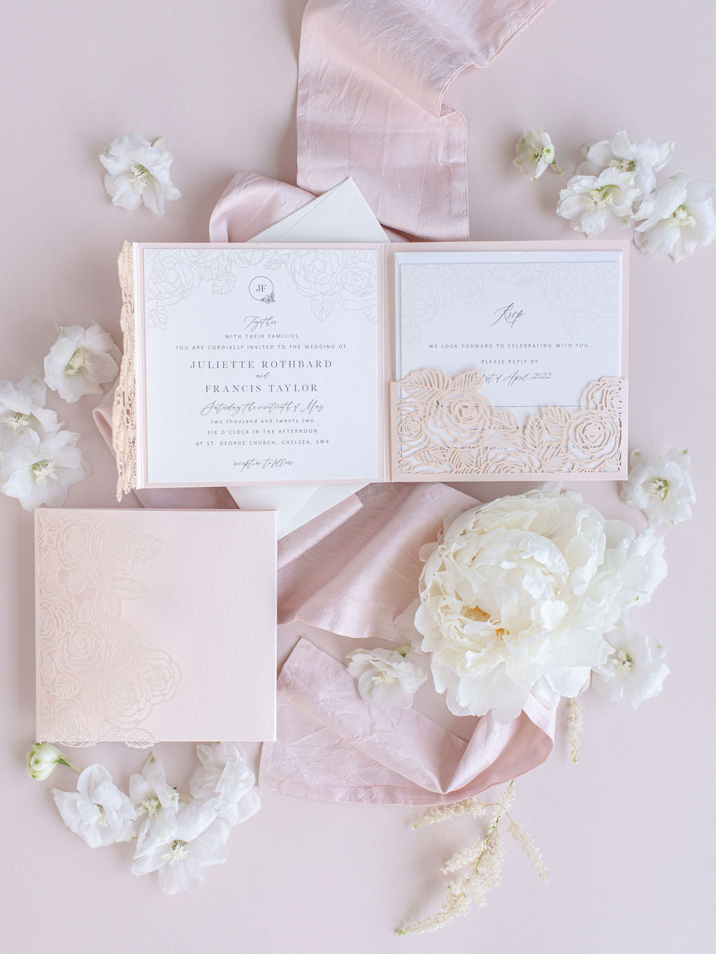 Romantic Roses Blush Laser Cut Pocket Folder with RSVP Card