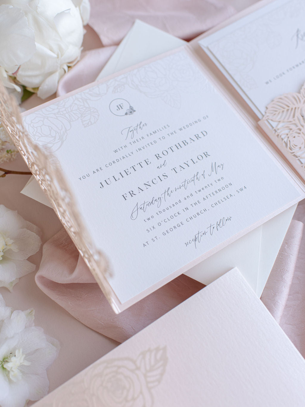 Romantic Roses Blush Laser Cut Pocket Folder with RSVP Card