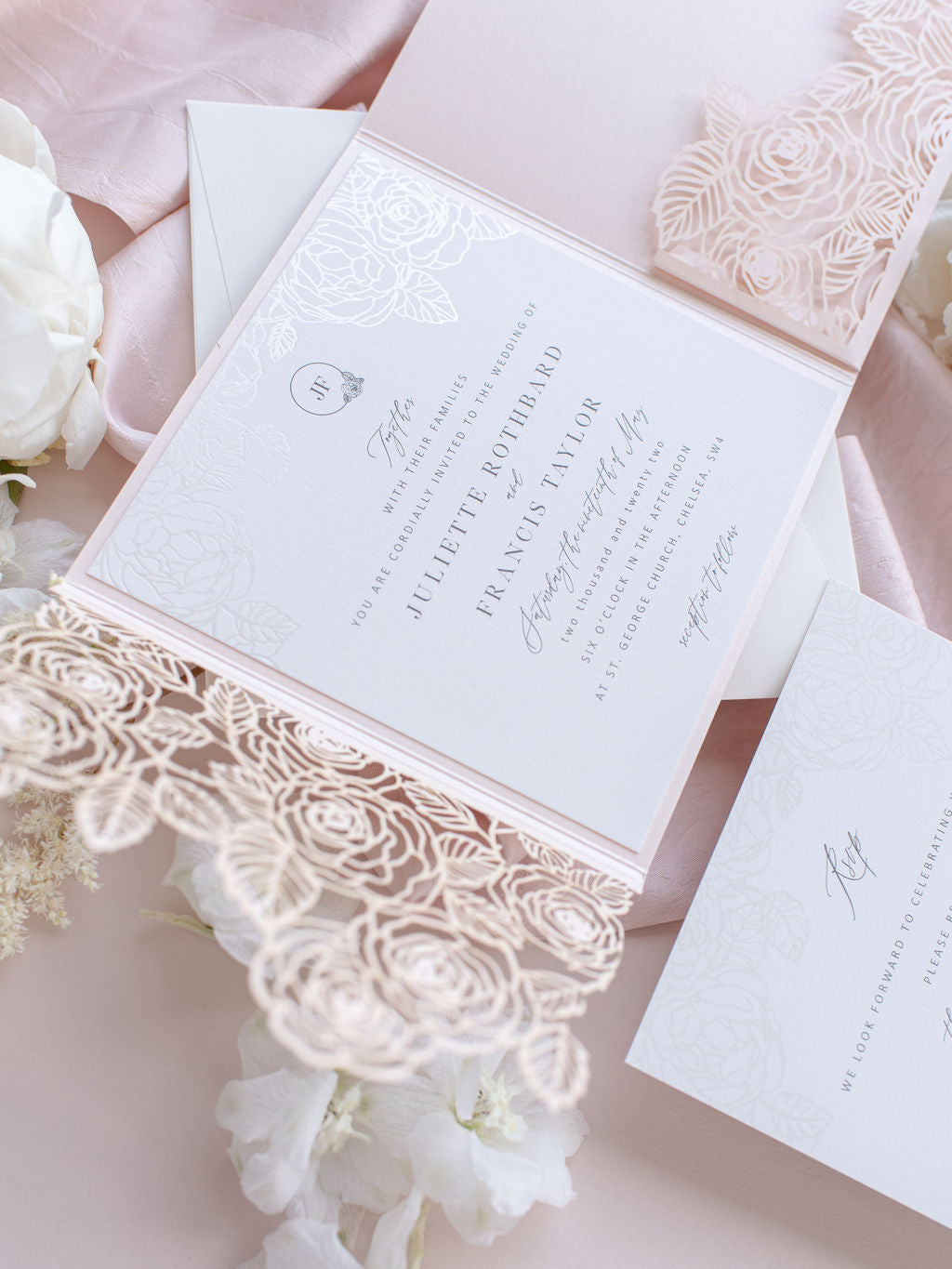 Romantic Roses Blush Laser Cut Pocket Folder with RSVP Card