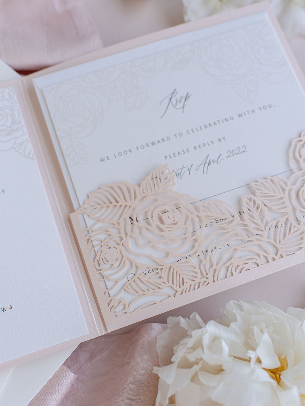 Romantic Roses Blush Laser Cut Pocket Folder with RSVP Card