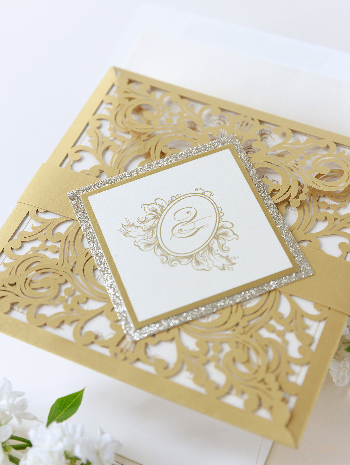 Vintage Gold Laser Cut and Glitter Lace Pocketfold Wedding Invitation + Envelope