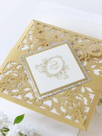 Vintage Gold Laser Cut and Glitter Lace Pocketfold Wedding Invitation + Envelope