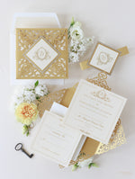 Vintage Gold Laser Cut and Glitter Lace Pocketfold Wedding Invitation + Envelope