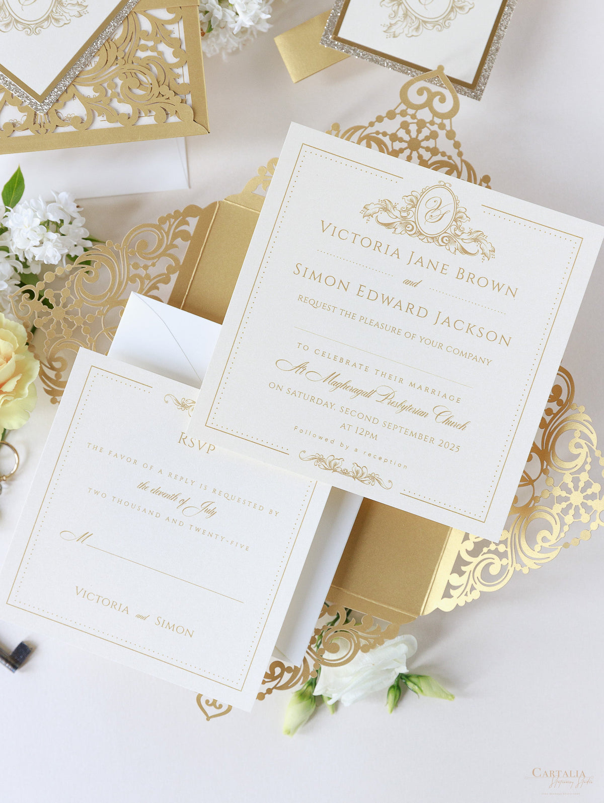 Vintage Gold Laser Cut and Glitter Lace Pocketfold Wedding Invitation + Envelope