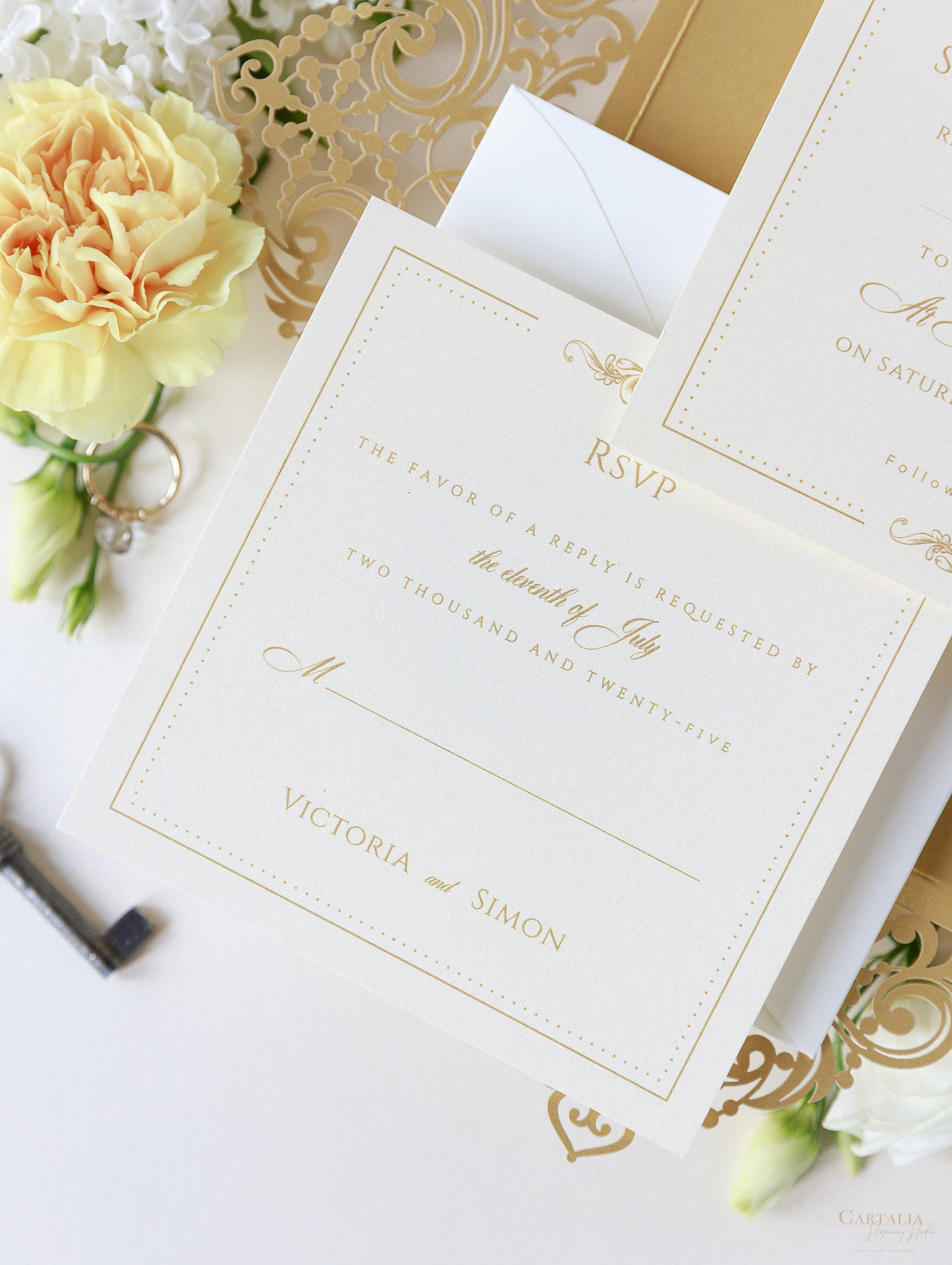 Vintage Gold Laser Cut and Glitter Lace Pocketfold Wedding Invitation + Envelope