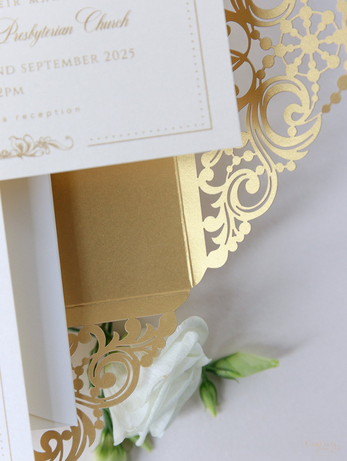 Vintage Gold Laser Cut and Glitter Lace Pocketfold Wedding Invitation + Envelope